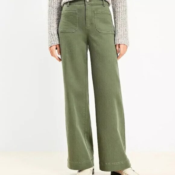 LOFT Women’s The Palmer Wide Leg Cotton Twill Pants in Sage Green Size 10 - Picture 1 of 12